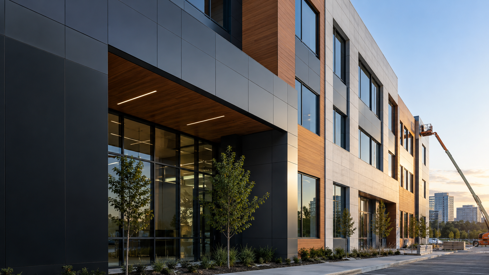 Contemporary commercial building with metal and fiber cement cladding